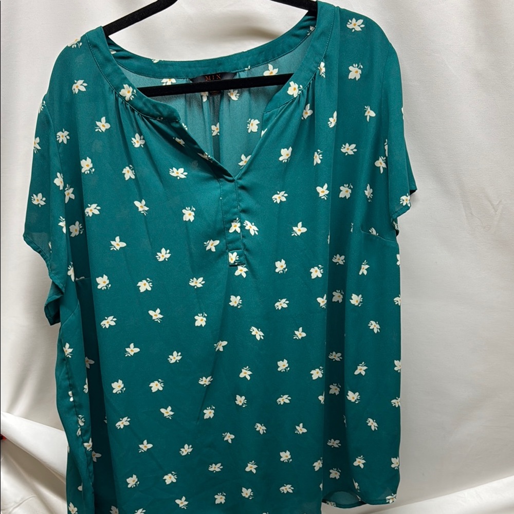 Teal Floral Blouse 3X Plus size Mix by Hawthorn short sleeve